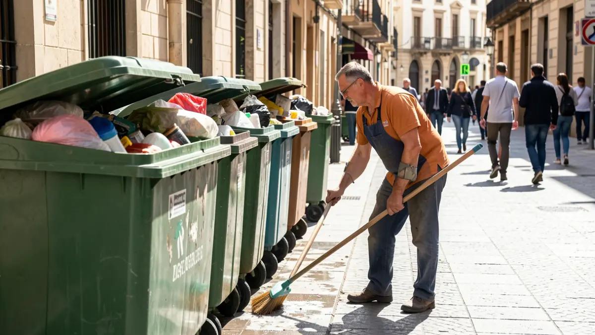 Image of a worker cleaning trash containers in Córdoba.