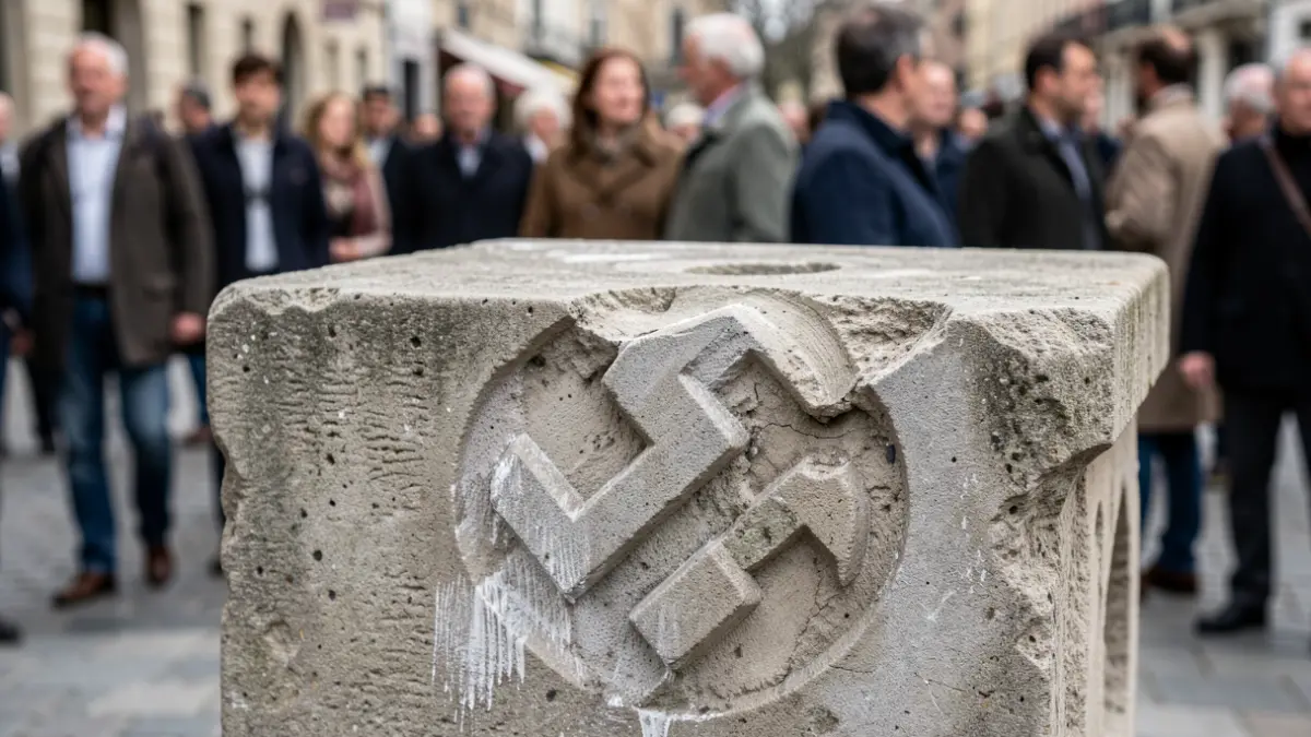 Close-up of a stone pedestal with a swastika being removed.