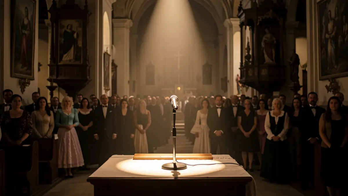 Imagen genérica de una iglesia con un micrófono en el altar.