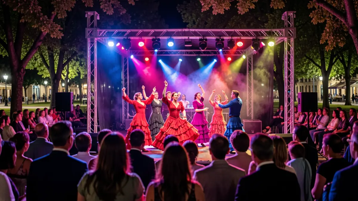 Flamenco show scene in a park at night, with lights and audience.