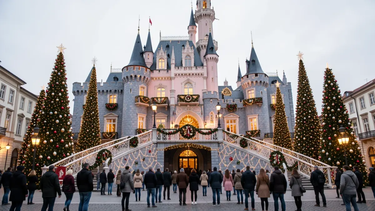 Facade of San Fernando City Hall themed as a Christmas castle with lights and decoration.