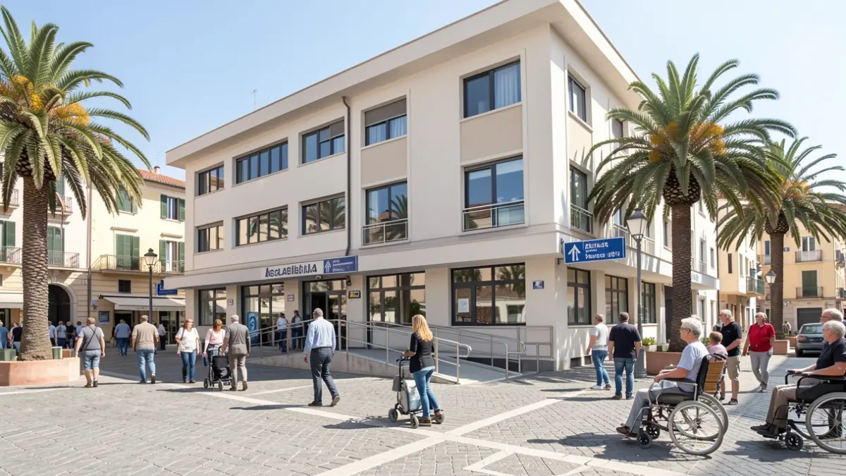 Fachada de un edificio accesible en San Fernando con rampas y señalización clara.