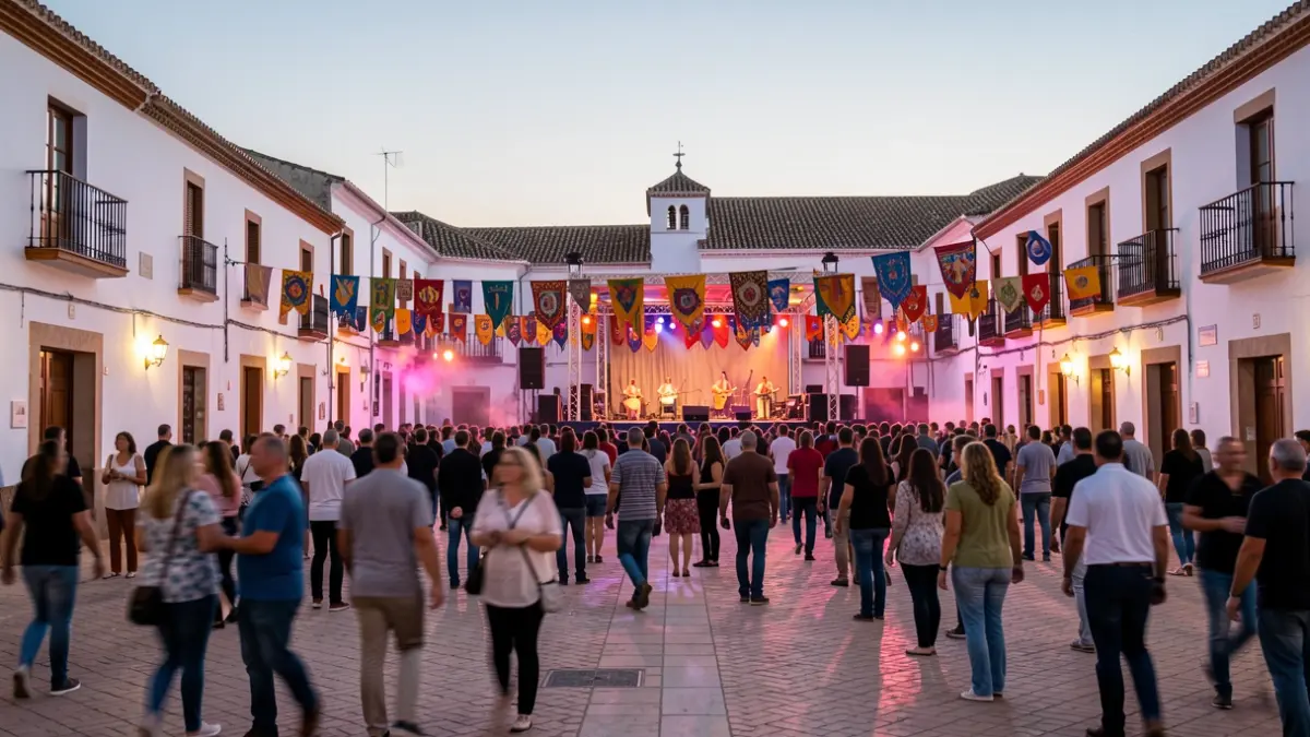 Plaza de España de San Juan del Puerto iluminada por la noche durante la Semana Cultural.