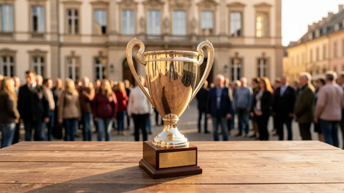 Generic image of a sports trophy on a wooden desk with a blurred town hall facade in the background.