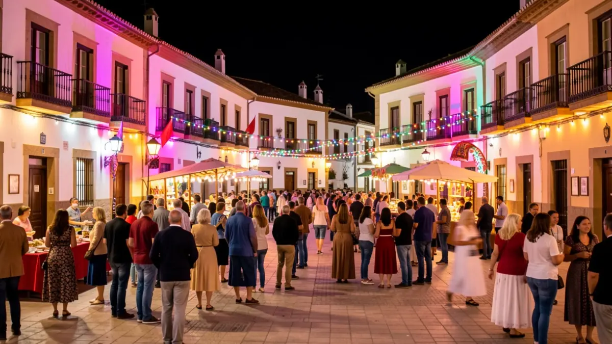 Imagen genérica de una plaza andaluza iluminada por la noche durante una feria, con ambiente festivo y gente en el fondo.