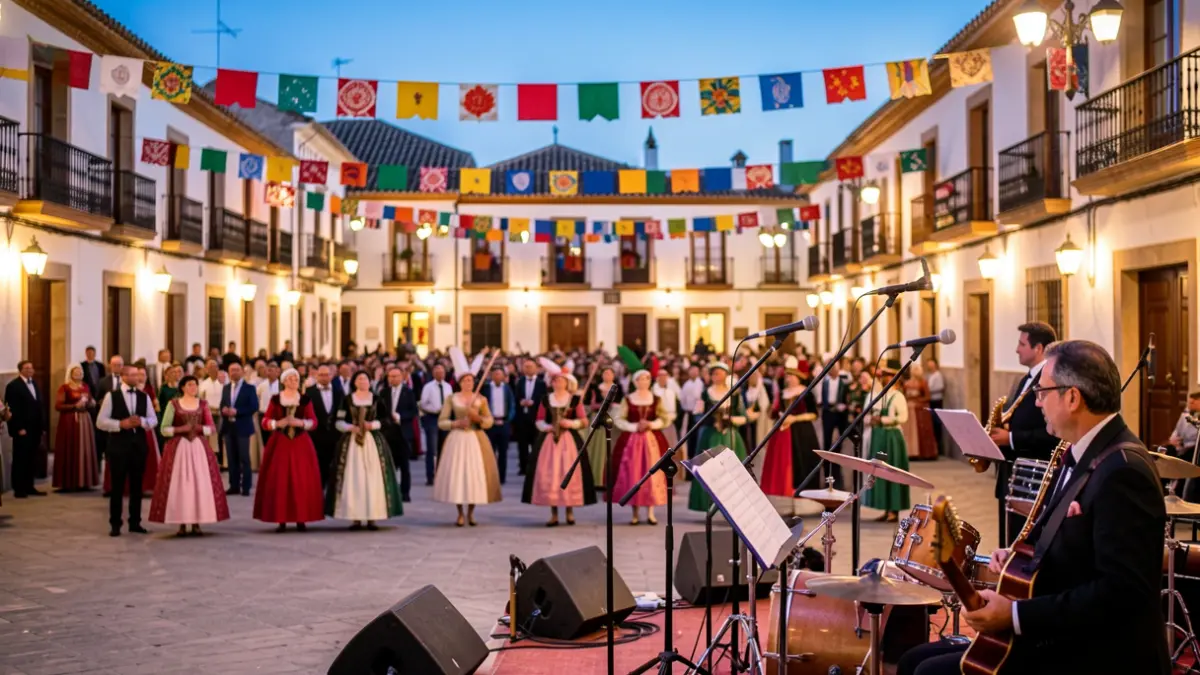 Andalusian town square at dusk during a festival, with a stage and audience.