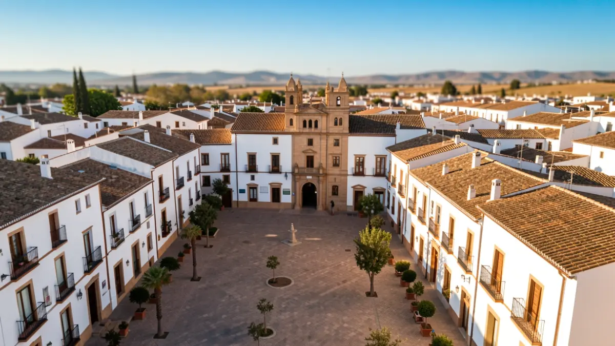 Vista aérea genérica de una plaza de pueblo andaluz con el ayuntamiento.