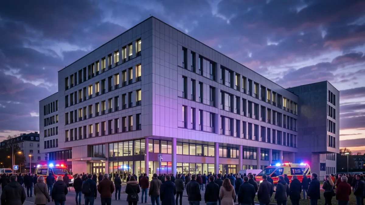 Generic image of a hospital with emergency lights and a twilight sky.