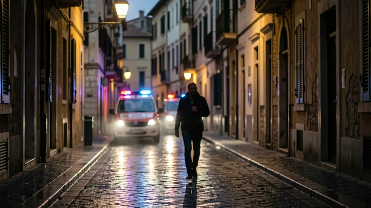 Symbolic image of a health crisis in a Mediterranean city with blurred emergency lights and a lone figure on a wet street.