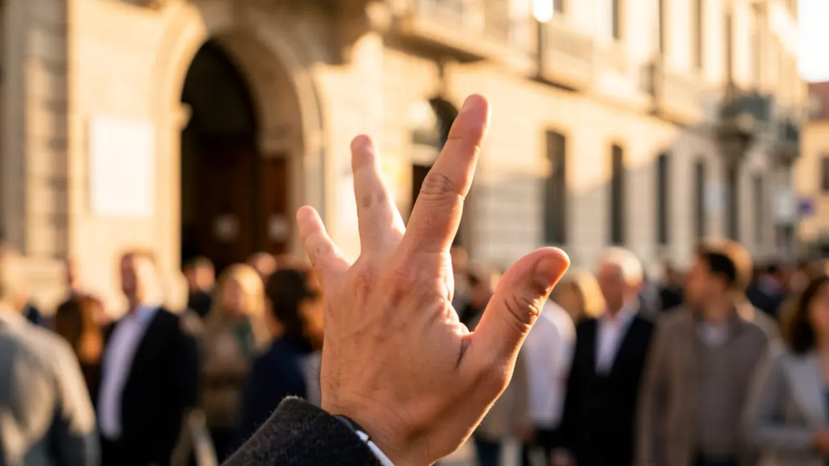 Close-up of a hand signing Spanish Sign Language in front of a public building facade.