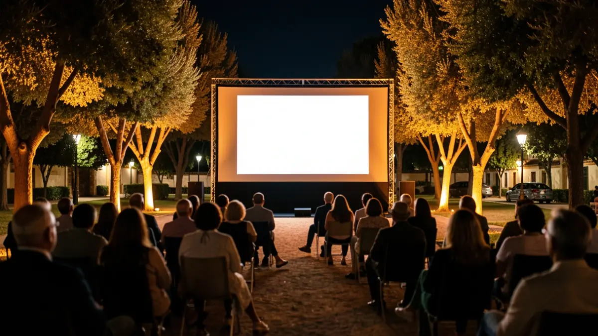Imagen genérica de una pantalla de cine al aire libre por la noche en un parque andaluz.