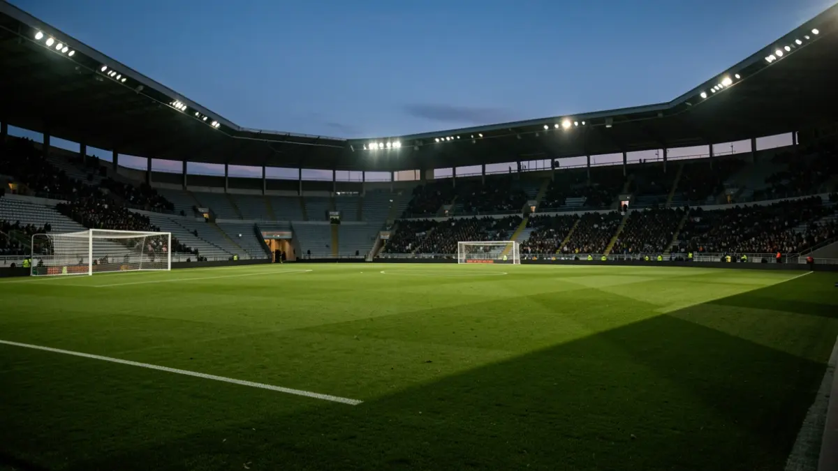 Imagen genérica de un campo de fútbol al atardecer con gradas vacías.