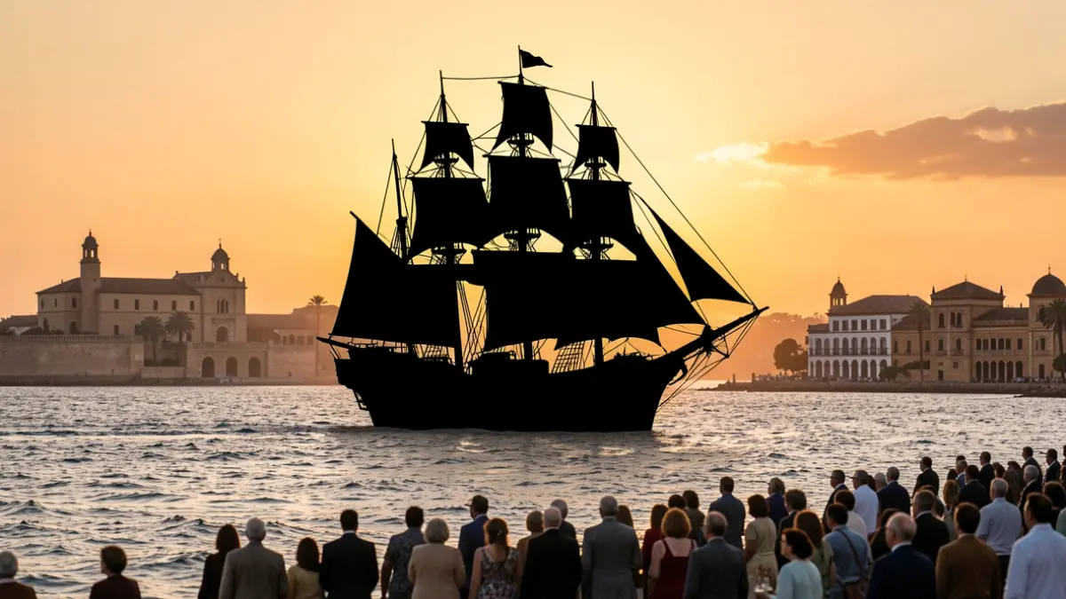 Silhouette of an old sailing ship at sunset, with Andalusian architecture in the background.