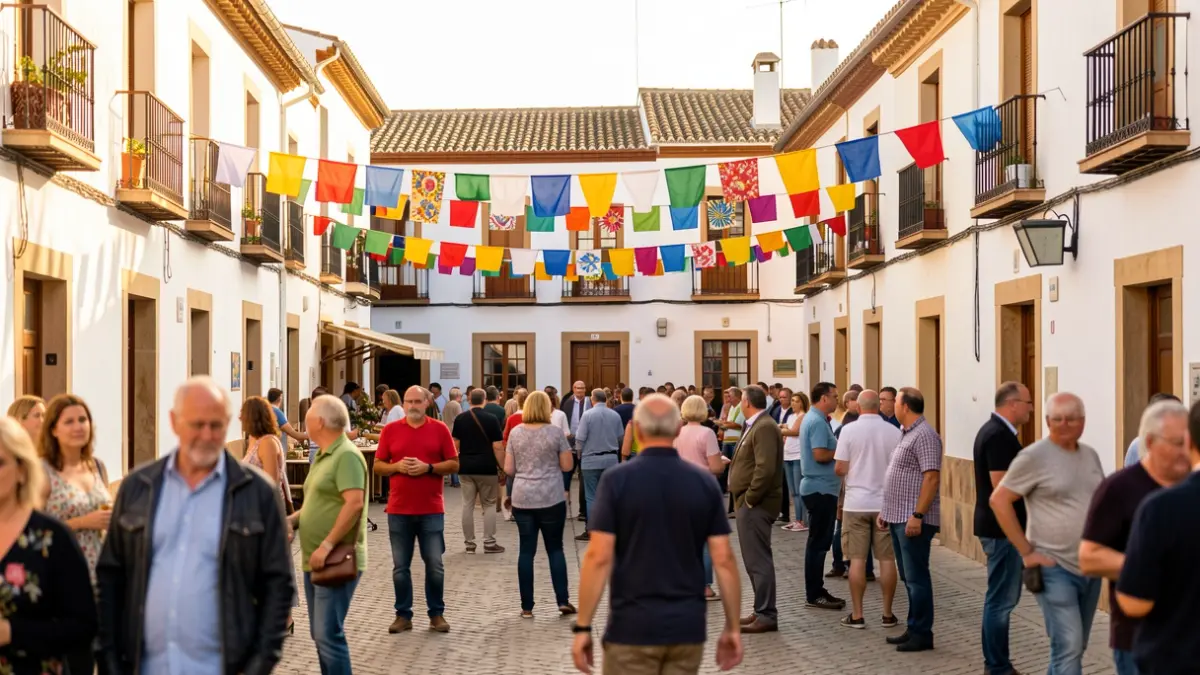 Imagen genérica de una plaza de pueblo andaluz durante una fiesta local con ambiente festivo.