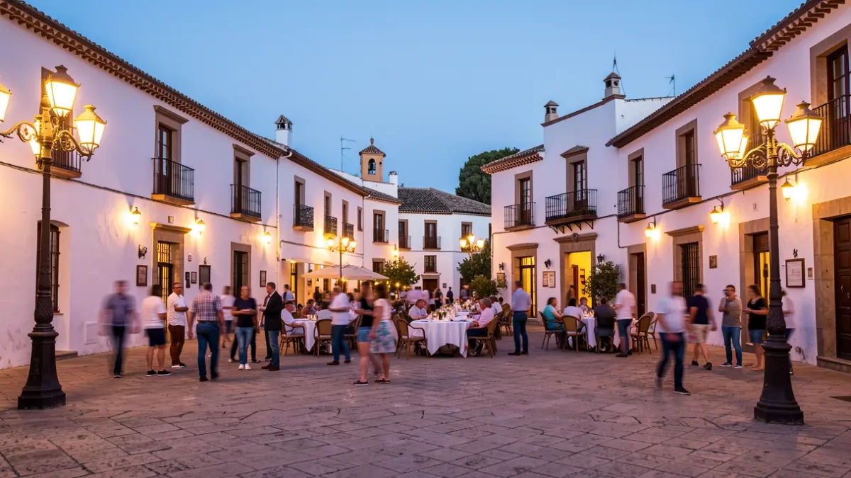 Plaza de un pueblo andaluz al atardecer con edificios blancos y farolas.