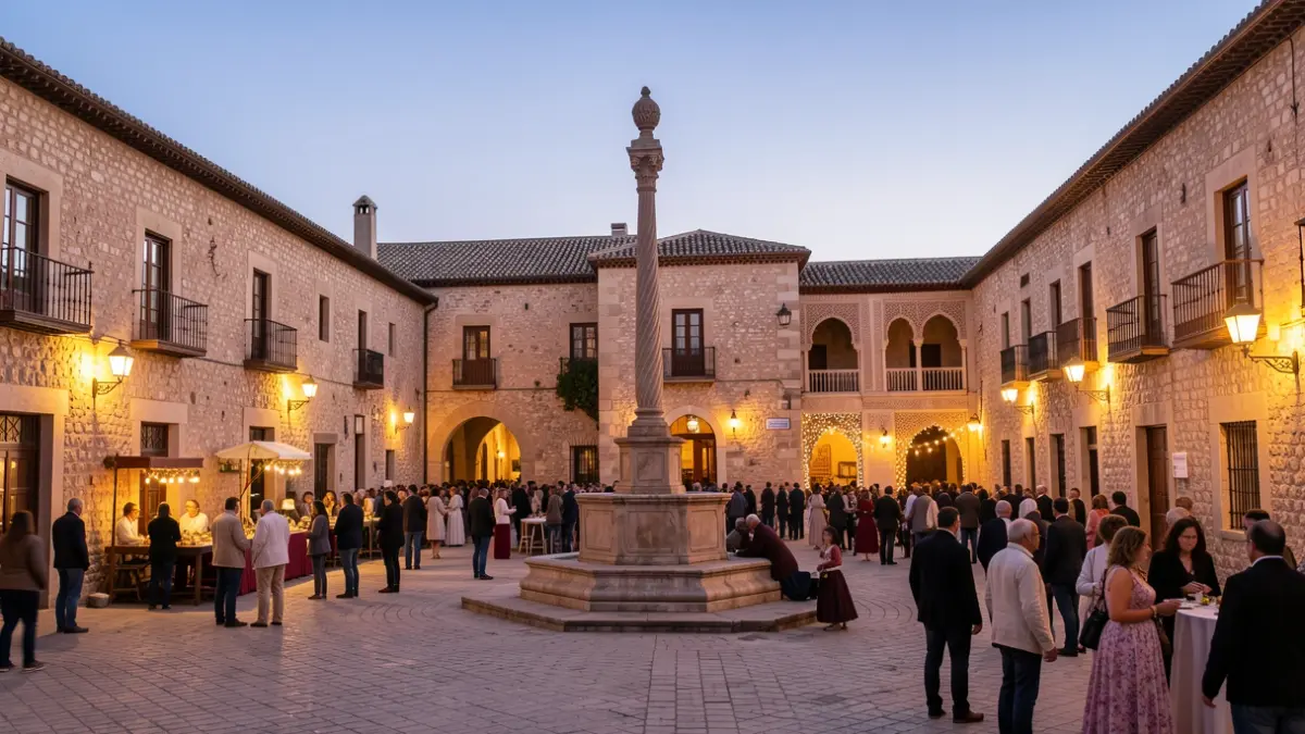 Plaza histórica andaluza al atardecer con arquitectura de estilo morisco.