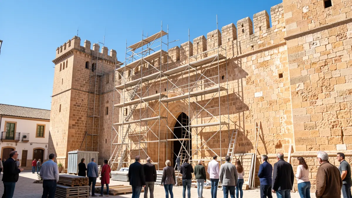 Facade of a historic castle in Santaella undergoing restoration.