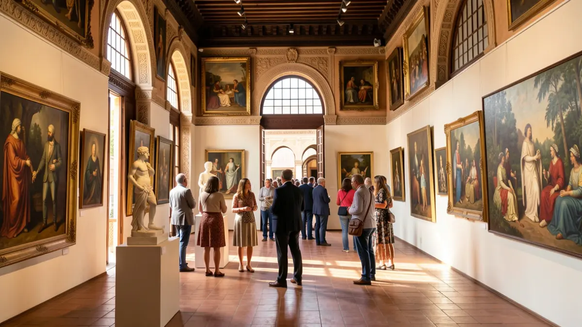 Exposición de arte en un edificio histórico andaluz durante las Fiestas de la Vendimia en Jerez.