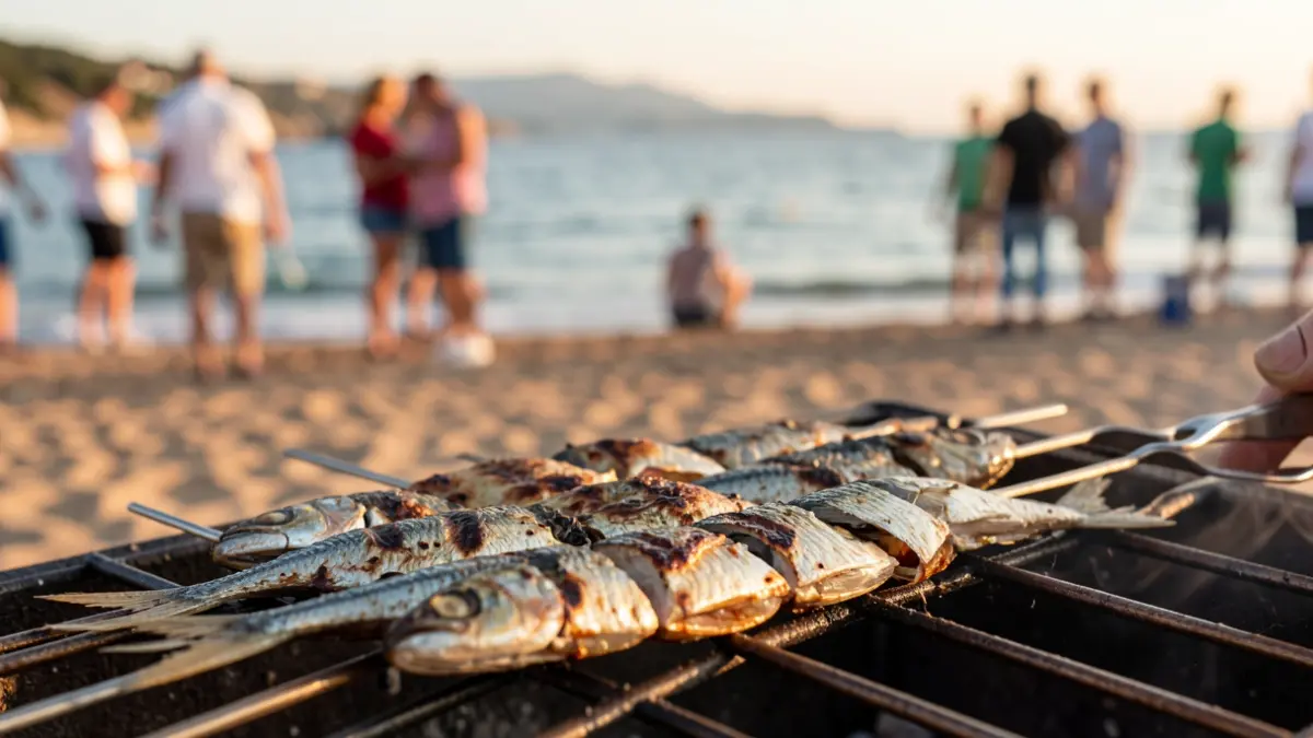 Freshly grilled sardine skewer on a beach grill.