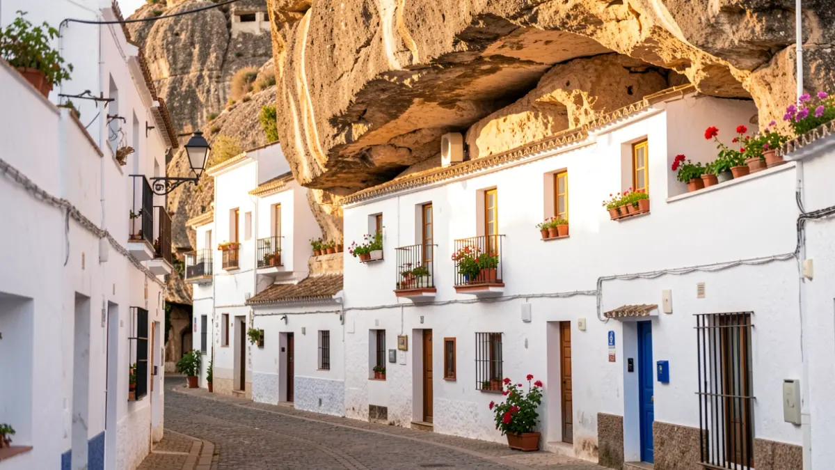 View of Setenil de las Bodegas, a white Andalusian village with houses integrated under a large rock.