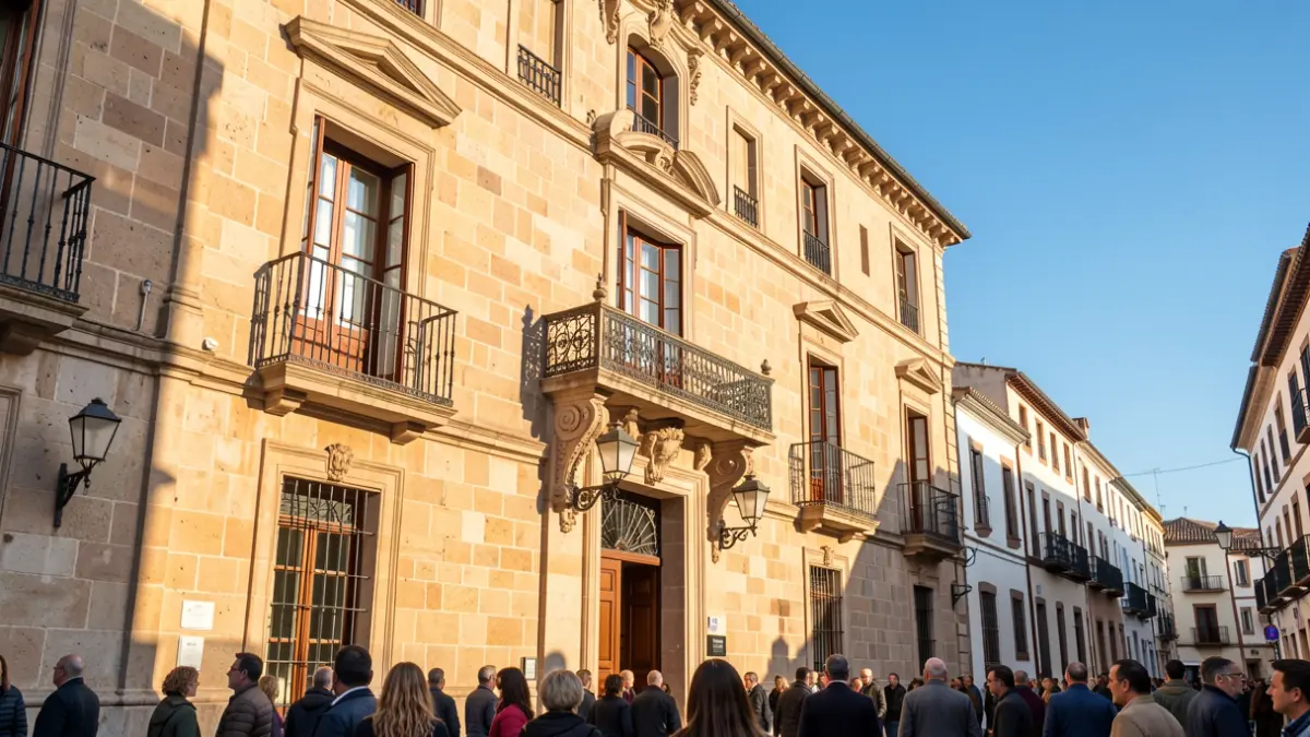 Fachada de un ayuntamiento andaluz con balcón y barandillas de hierro, luz de sol de la tarde, cielo azul.