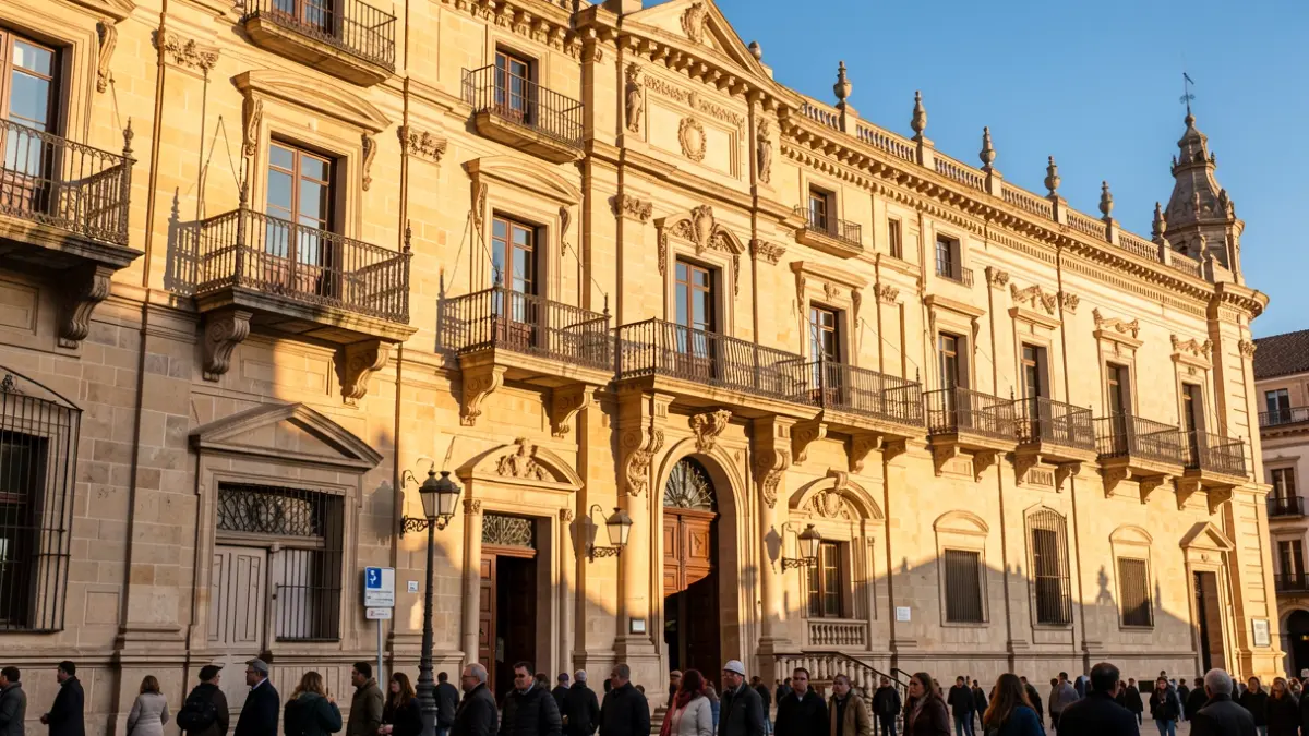 Facade of the Seville City Hall with ornate balconies and iron railings, warm afternoon sunlight casting shadows on the sandstone walls, blue sky.