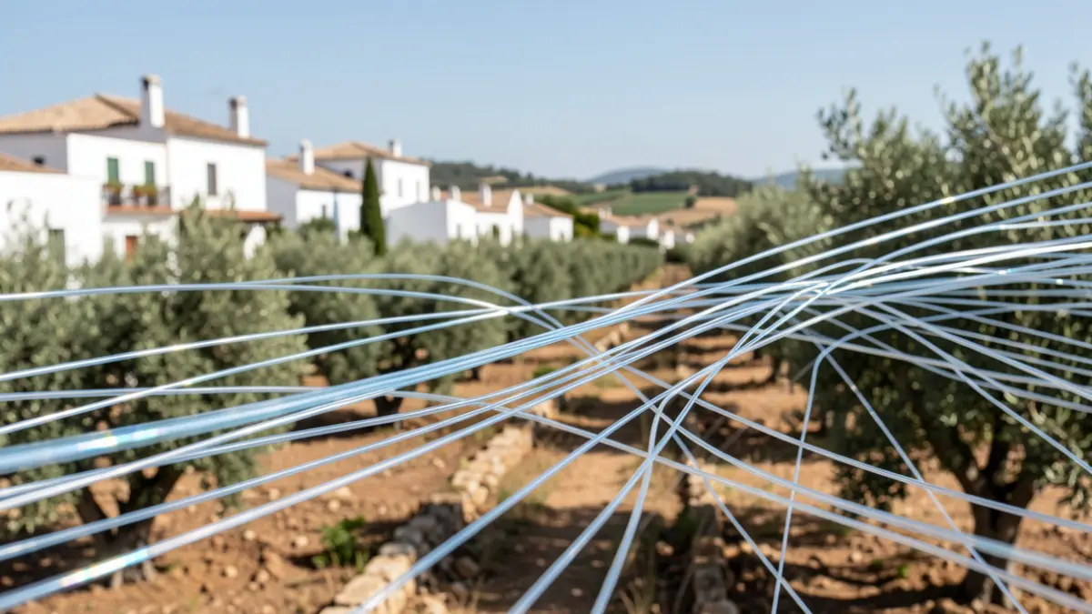Modern fiber optic network infrastructure in a sunny Andalusian rural landscape with whitewashed buildings.