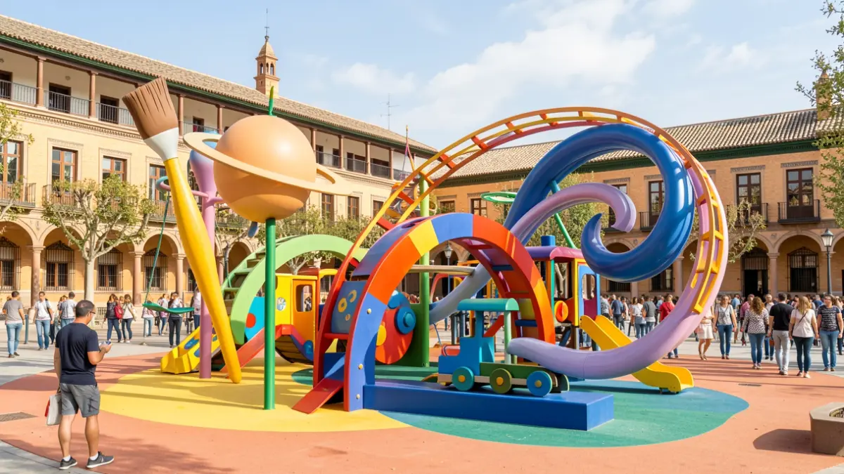 Themed children's playground in Seville with elements of astronomy, art, trains, and nature.