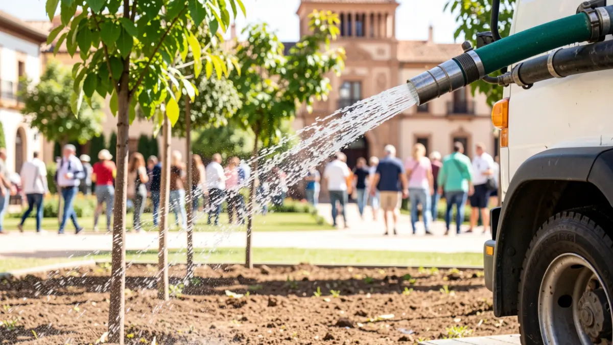 Camión cisterna regando árboles jóvenes en un parque urbano de Sevilla.