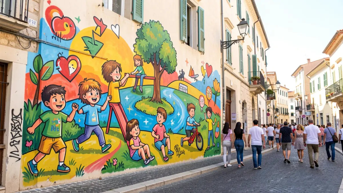 Artistic mural on a Seville wall representing children's rights and healthy leisure.