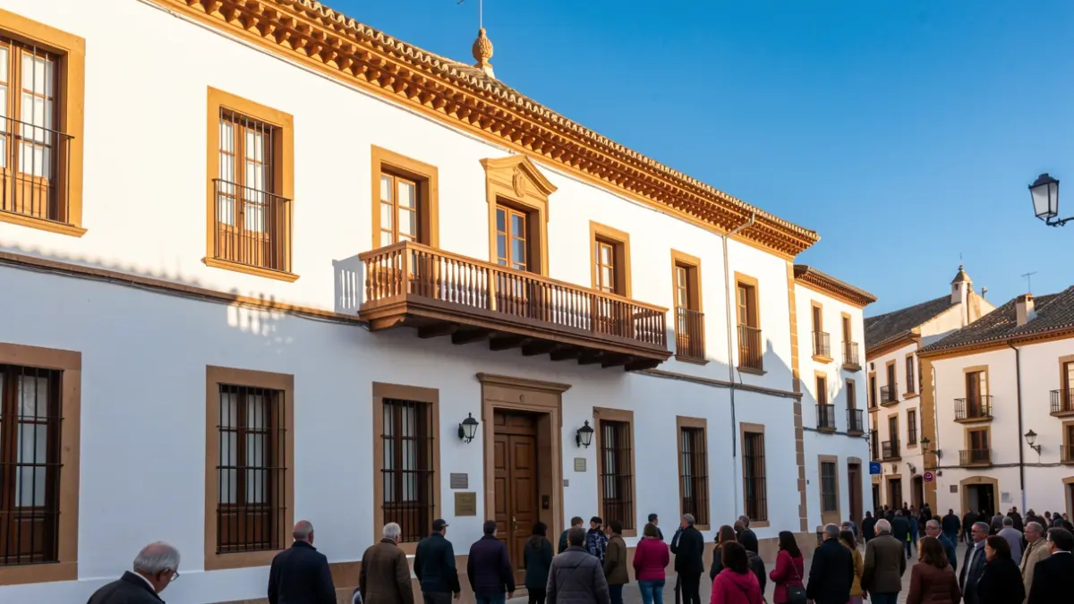 Fachada de un ayuntamiento andaluz con balcón y luz solar.