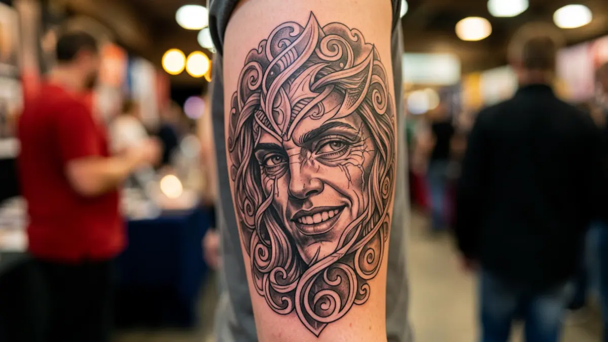 Primer plano de un tatuaje detallado en estilo black and grey y fine line, con un fondo difuminado de convención.