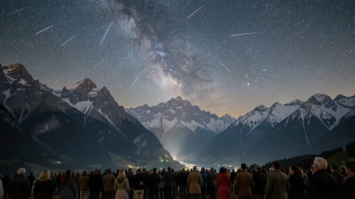 Cielo nocturno estrellado sobre las montañas de Sierra Nevada con estrellas fugaces.