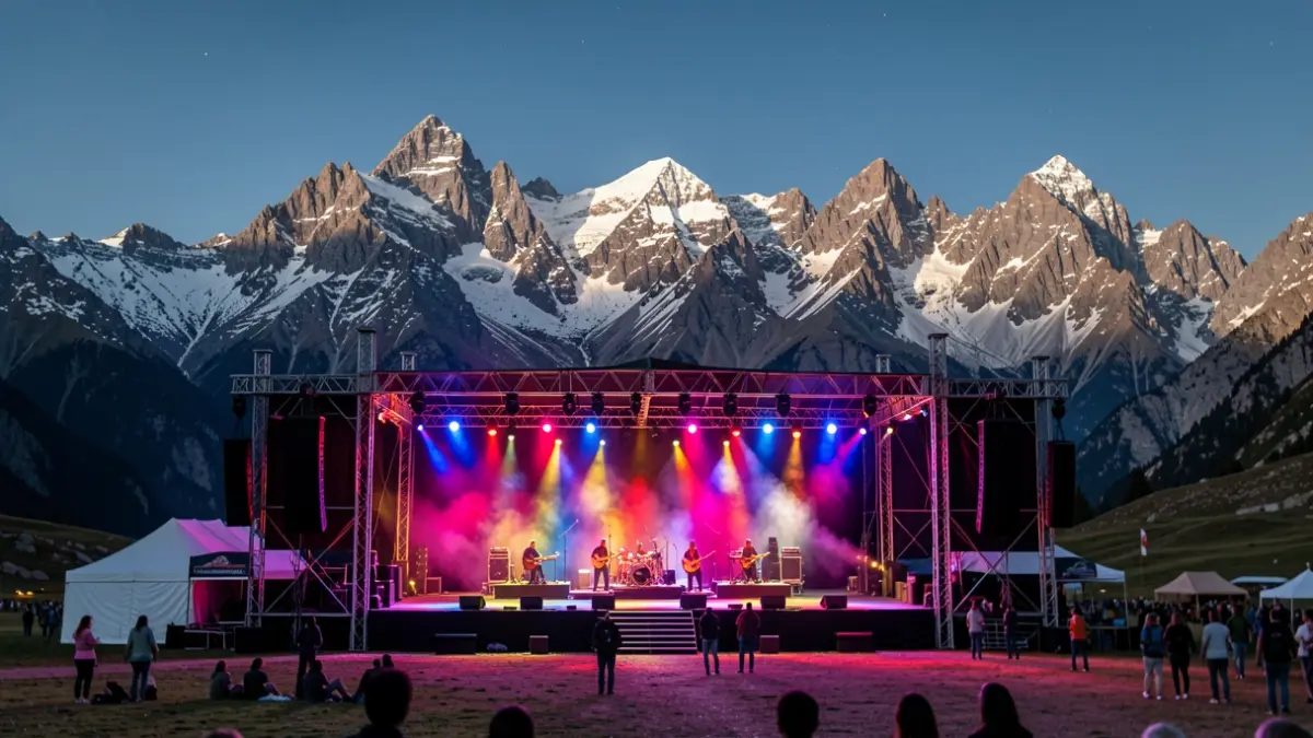 Escenario de festival de música en alta montaña en Sierra Nevada con luces nocturnas.