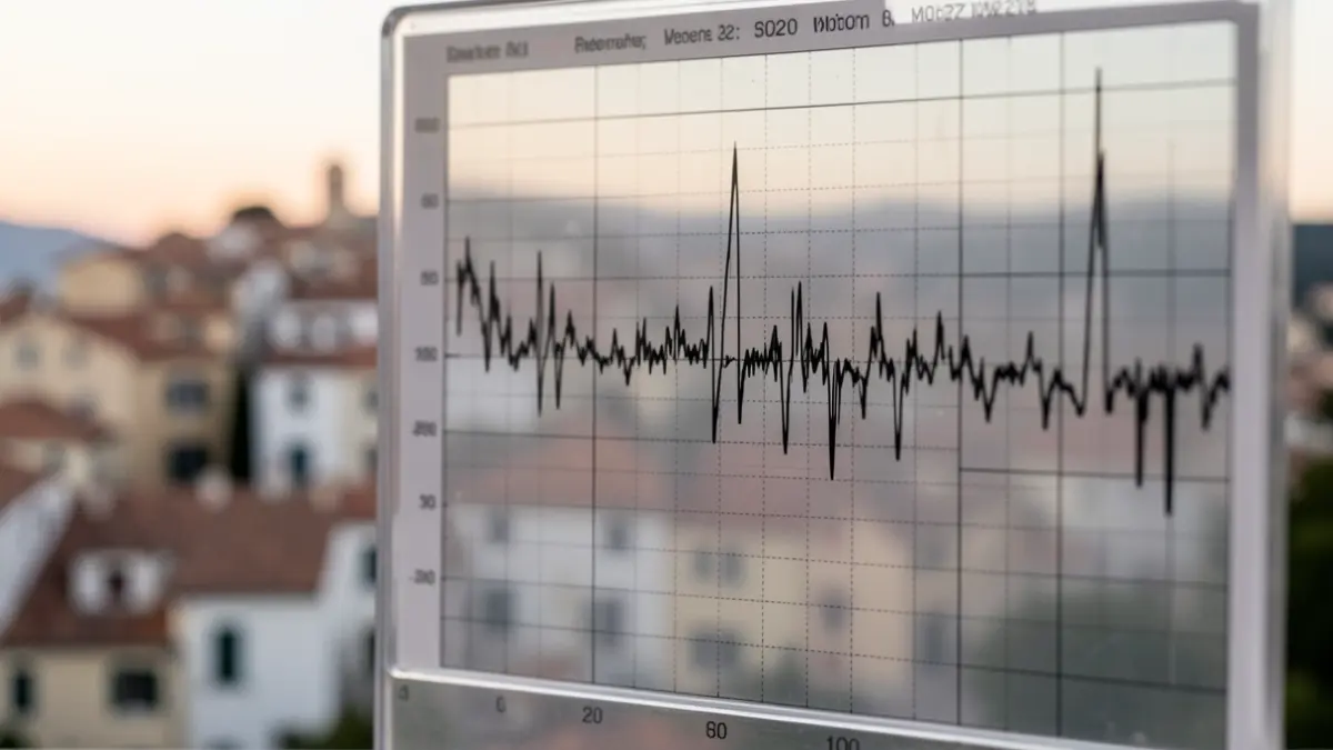 Seismograph reading showing seismic activity against a blurred background of a Mediterranean town at dawn.