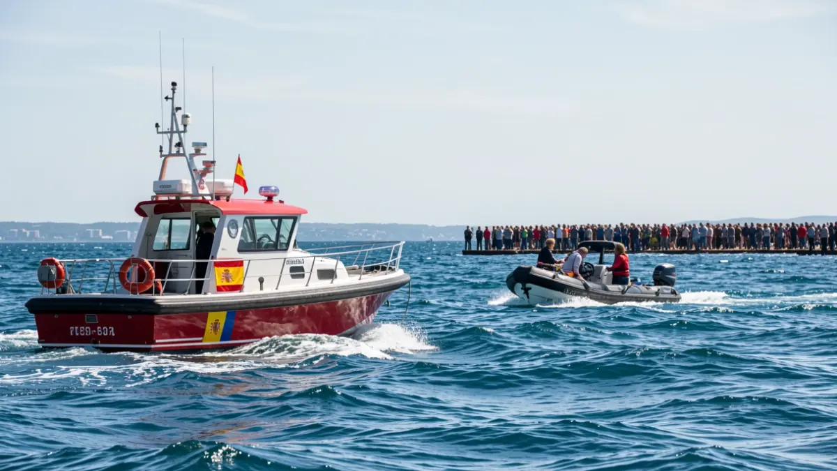 Embarcación de Salvamento Marítimo remolcando una motora averiada con siete personas a bordo en aguas de Almería.