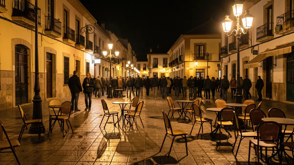 A town square in Andalusia at night, wet from rain with streetlamps casting shadows.