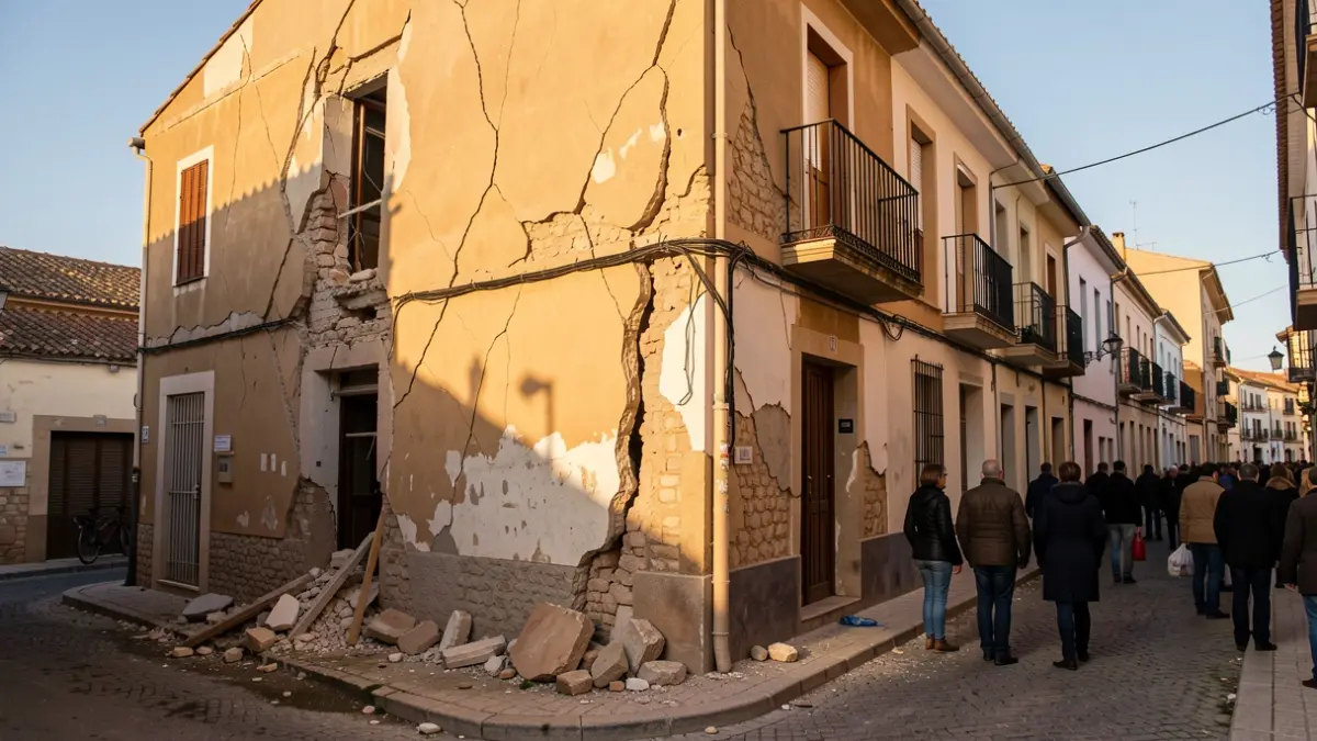 Fachada de un edificio residencial dañado en un pueblo andaluz tras los terremotos.