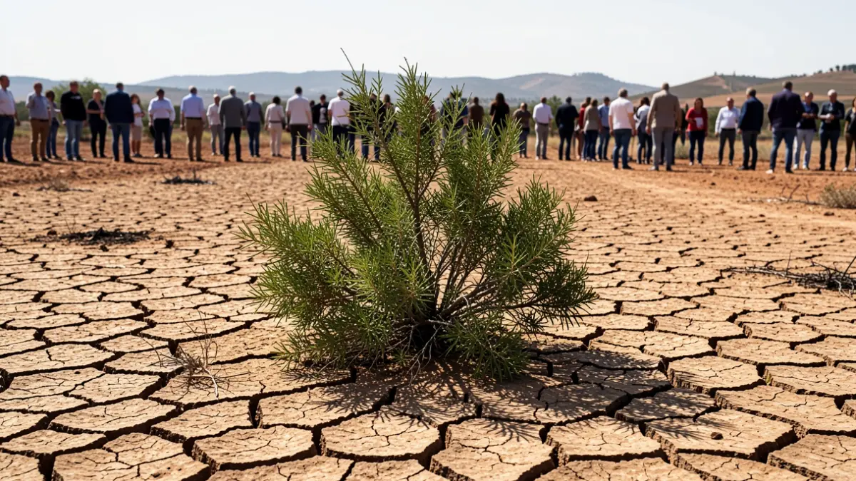 Generic image of dry, cracked earth in Andalusia with a sparse bush, symbolizing drought and fire risk.