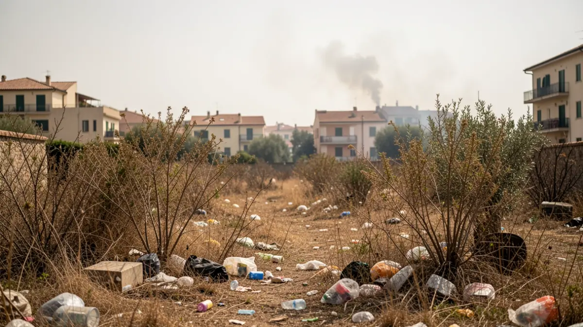 Terreno urbano descuidado con vegetación seca y basura, con humo a lo lejos.