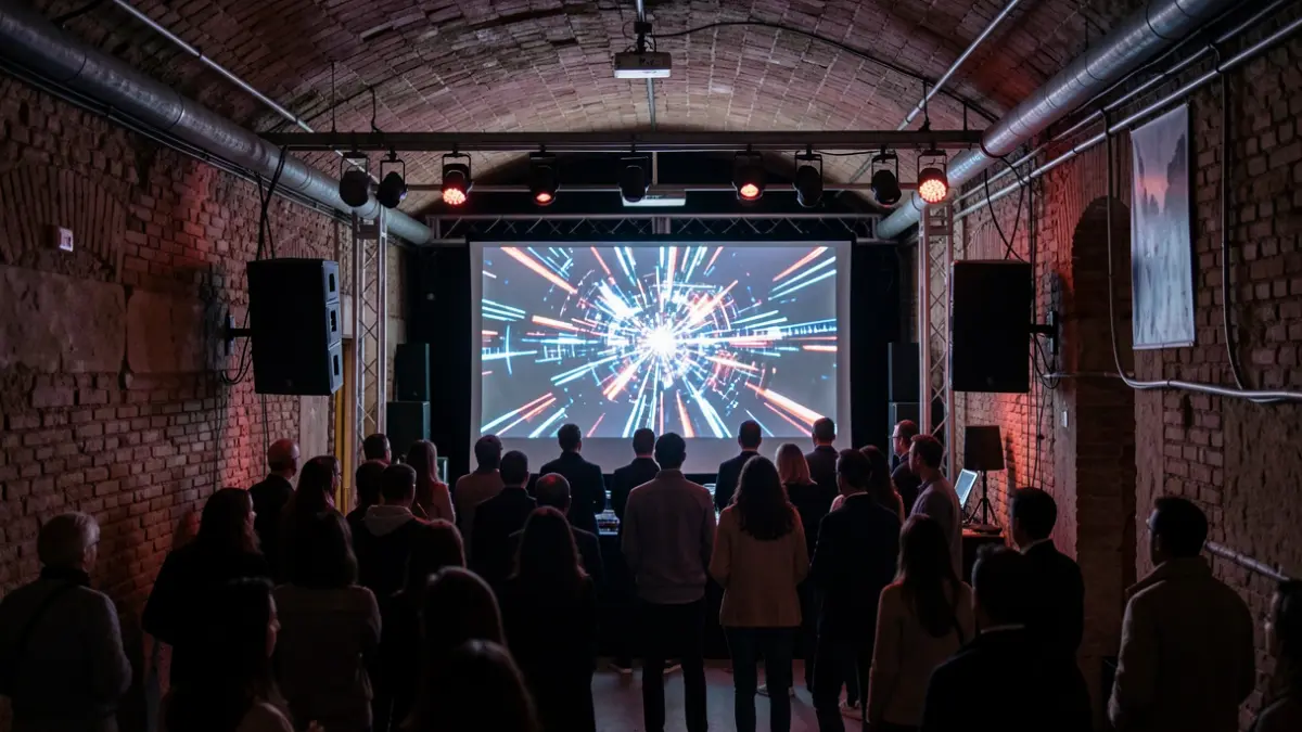 Atmosphere of an underground concert venue in Andalucía with visual projections.