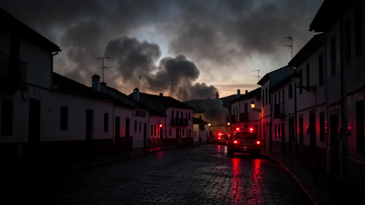 Cielo oscuro y humeante sobre la silueta de un pueblo andaluz al atardecer, con luces de emergencia rojas reflejándose en calles adoquinadas mojadas.