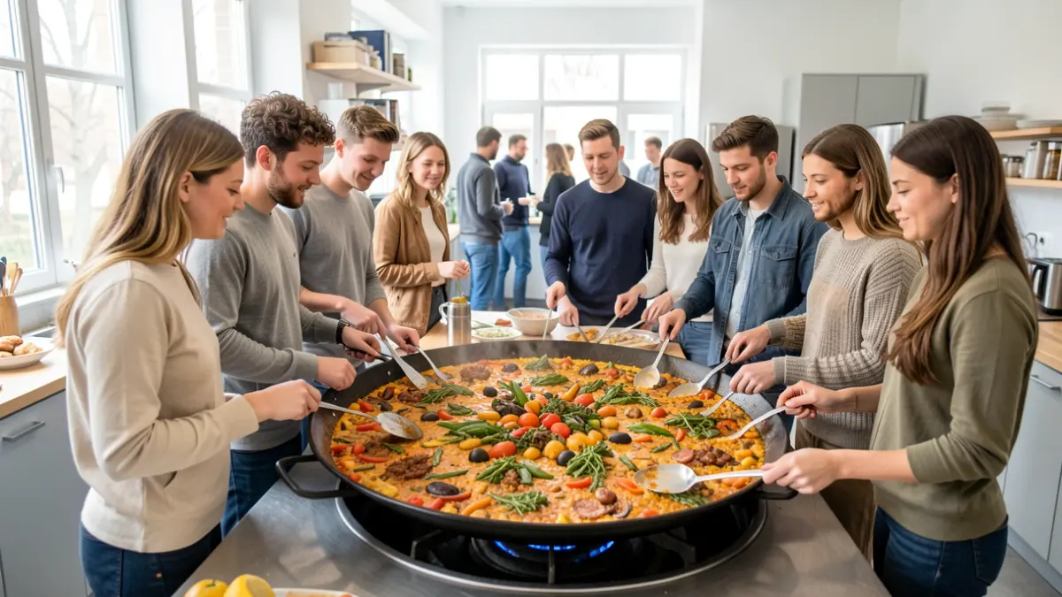 Jóvenes participando en un taller de cocina de paella en Fuengirola.