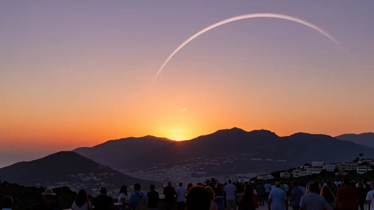 Vista panorámica del Monte Calamorro en Benalmádena durante un eclipse solar parcial al atardecer.