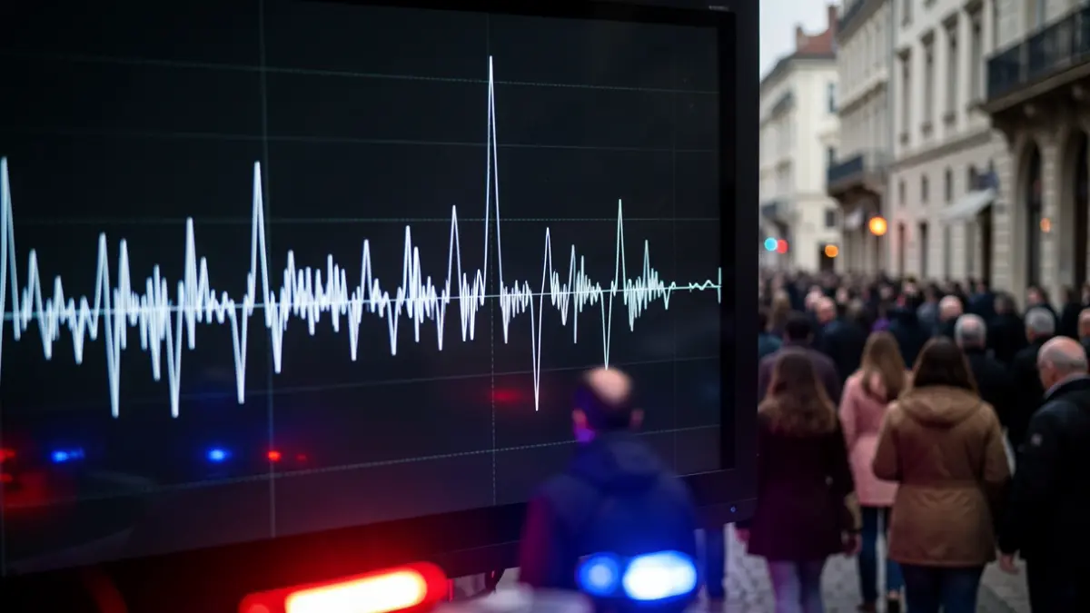 Seismograph needle fluctuating on a dark background with emergency light reflections.