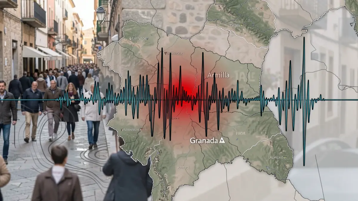 Seismic wave graphic over a map of Granada province with epicenter in Armilla.