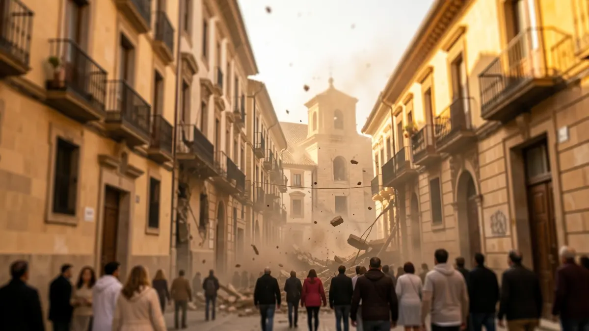 Image of buildings in Granada shaking during an earthquake.