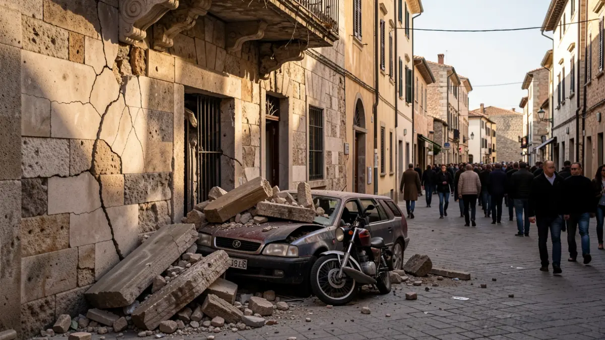 Cracked building facade with car and motorcycle buried under cornice debris.