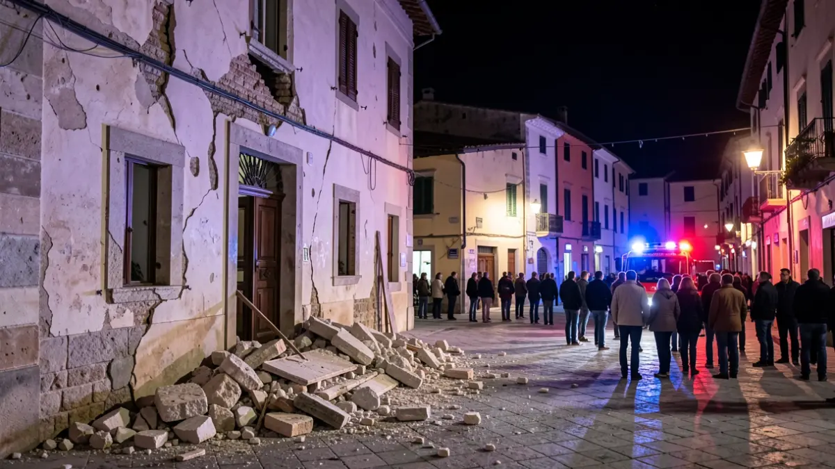 Fachada de edificio dañado en una plaza de pueblo andaluz por la noche, con escombros en el suelo y luces de emergencia.
