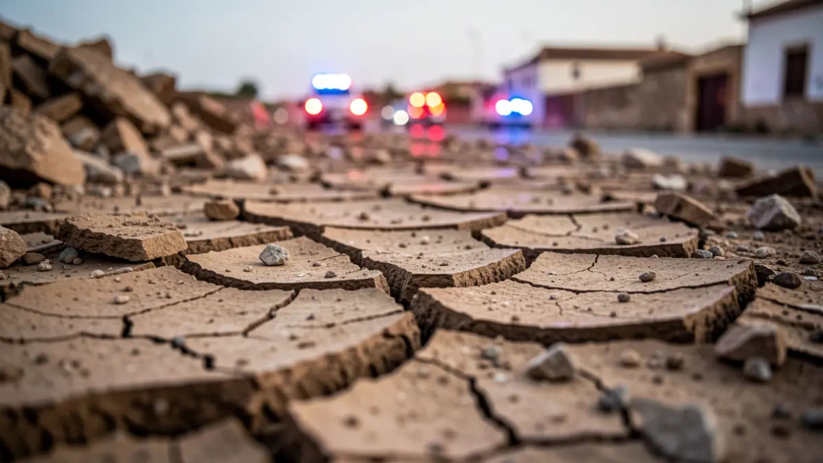 Imagen de tierra agrietada y escombros tras un terremoto, con reflejos de luces de emergencia.